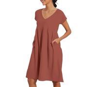 Robe d'été pour femme, longueur genou, robe en lin légère et fluide avec manches courtes, col en V, couleur unie, robe de plage trapèze avec poches, kaki, L
