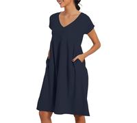 Robe d'été pour femme, longueur genou, robe en lin légère et fluide avec manches courtes, col en V, couleur unie, robe de plage trapèze avec poches, bleu marine, 3XL
