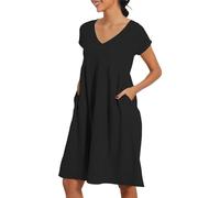 Robe d'été pour femme, longueur genou, robe en lin légère et fluide avec manches courtes, col en V, couleur unie, robe de plage trapèze avec poches, Noir , L