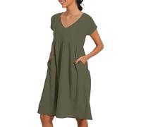 Robe d'été pour femme, longueur genou, robe en lin légère et fluide avec manches courtes, col en V, couleur unie, robe de plage trapèze avec poches, Vert, 3XL
