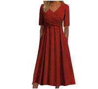 Robe d'Été pour Femme - Mi-Longue Mini Robe Décontractée Hawaïenne - Robe Droite Manches Courtes - Robe T-Shirt Grande Taille Col en V - Robe de Plage - Portefeuille (Rouge, XXXL)