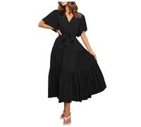 Robe d'été pour femme - Robe bohème avec col en V - Design imprimé - Manches courtes - Coupe cintrée - Avec jupe longue - Pour femme - Robe de soleil décontractée - Robe florale, Noir , XL
