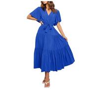 Robe d'été pour femme - Robe bohème avec col en V - Design imprimé - Manches courtes - Coupe cintrée - Avec jupe longue - Pour femme - Robe de soleil décontractée - Robe florale, Bu2, S