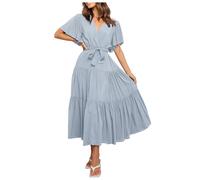 Robe d'été pour femme - Robe bohème avec col en V - Design imprimé - Manches courtes - Coupe cintrée - Avec jupe longue - Pour femme - Robe de soleil décontractée - Robe florale, BU1, S