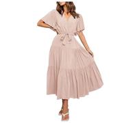 Robe d'été pour femme - Robe bohème avec col en V - Design imprimé - Manches courtes - Coupe cintrée - Avec jupe longue - Pour femme - Robe de soleil décontractée - Robe florale, rouge, M