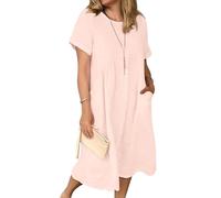 Robe d'été pour femme - Robe en lin décontractée - Col en V - Robe midi à manches courtes - Robe de plage sans accessoires, E Rose, XXL