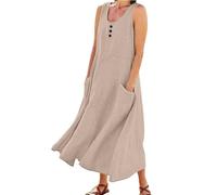 Robe d'été pour femme, robe midi longue et fluide sans manches, col en U, robe de plage décontractée avec poches, kaki, 4XL