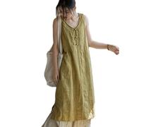 Robe d'été pour femme sans manches boutonnée vintage chinoise robe débardeur midi avec poches, jaune, Taille Unique