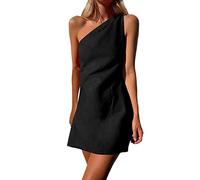 Robe d'été pour femmes 2026 Mini robe en lin avec une épaule Robe d'été décontractée sans manches Couleur unie Longue Robe de plage noire, Noir , S