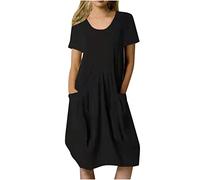 Robe d'été pour Femmes Jupes en Coton Lin Femme Manches Courtes Jupe de Plage Décontractée à Col en Rond Robes à Ligne en A Chic et Elegant Maxi Lâche Couleur Unie Boho Ete Mi-Longue Dress Pas Cher