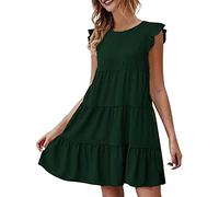 Robe d'été pour Femmes sans Manches à Volants Manches col Rond Mini Robe Couleur Unie Coupe Ample Courte Robe plissée Fluide Robe De Noël
