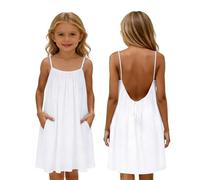 Robe d'été pour fille avec dos ouvert et cordon de serrage, design à bretelles avec poches, tenue confortable au quotidien pour les vacances et les loisirs, robe polyvalente pour enfant, Blanc., 7-8