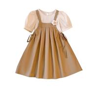 Robe D'été pour Fille Manches Courtes Robe Enfant Ensemble Deux Pièces Élégante Et Mignonne Plissée A-Linie Robes De Princesse pour Festival Fête d'anniversaire (Khaki, 5-6 Years)