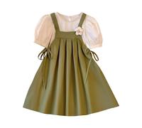 Robe D'été pour Fille Manches Courtes Robe Enfant Ensemble Deux Pièces Élégante Et Mignonne Plissée A-Linie Robes De Princesse pour Festival Fête d'anniversaire (Green, 9-10 Years)