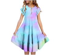 Robe d'été pour fille - Manches double couche - Ligne A fluide - Décontractée - Dégradé de couleur - Robe midi pour 615 ans - Tulle bébé fille, bleu, 10-11