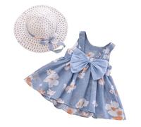 Robe d'été pour fille - Robe tutu d'été sans manches - Dos nu - Princesse - Anniversaire - Fête - Fleurs - Nœud - Avec chapeau de paille, bleu, 12-18 mois