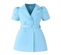 Robe d'été pour fille - Tenue décontractée - Avec ceinture - Deux pièces - Manches courtes - Couleur unie - Pour enfants - Pour les jeux - Mode de plage - Fête scolaire - Garde-robe festive, bleu, 5-6