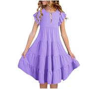 Robe D'été pour Filles Manches Bouffantes en Mousseline de Robe Filles Robes d‘été Manches Volantées Enfants Coton Loisir Robe Col Rond Élégante