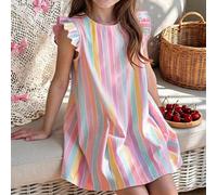 Robe d'été pour jeune garçon, style décontracté minimaliste avec ourlet à volants, imprimé rayures colorées mignon et doux, série Dopamine, pour vacances et voyage 6Y,7Y,8Y,4Y,5Y,2-3YRayéÉtoffe