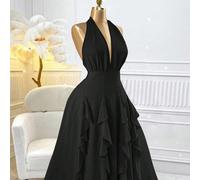 Robe d'été/printemps pour femme grande taille, élégante, de couleur unie avec un col ras-du-cou, un nœud papillon, un volant à l'ourlet, idéale pour la plage, les vacances, les anniversaires, les soir