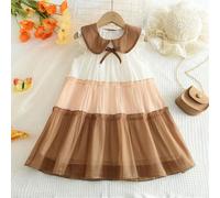 Robe d'été sans manches à col Peter Pan pour jeune fille avec nœud papillon bicolore et décoration de volant, couleur bloquée 6Y,2Y,3Y,4Y,5YTissu tissé