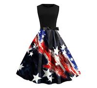 Robe d'été sans manches à col rond pour femme - Imprimé drapeau américain - Robe de cocktail - Robe de bal de fin d'année, robe d'été, Noir , XL