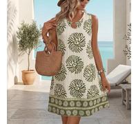 Robe d'été sans manches pour femmes - Robe de plage trapèze imprimée de style bohème - Robe de plage à col rond - Coupe ample - Tenue de voyage - Vert - Taille