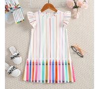 Robe d'été sans manches sportive pour jeune fille, robe d'été tricotée à col rond avec impression de crayon multicolore de style universitaire à la mode pour fille 6Y,7Y,8Y,4Y,5YRayures arc-en-cielPol