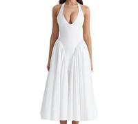 Robe d'été sexy sans manches dos nu avec col en V profond et dos nu - Robe longue moulante pour fête, plage, vacances, A blanc., Taille L