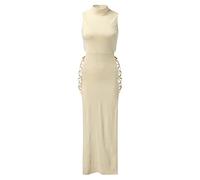 Robe d'été solide sans manches avec col rond et fente latérale, beige, L