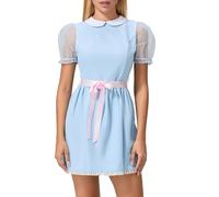 Robe d'Halloween à manches courtes et col de poupée pour femme | Robe de costume douce avec bordure en dentelle, manches bouffantes, coupe trapèze confortable. Idéal pour Halloween.