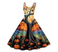 Robe d'halloween Medieval Femme Vintage Imprimé Dentelle Citrouille sans Manches Grande Taille Jupe Bretelles Spaghetti Swing Chic Deguisement Style RéTro TrapèZe Cocktail Halloween Gothique Loisirs