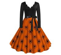 Robe d'Halloween pour femme - Costume de mariage - Tendance - Manches longues - Imprimé d'Halloween - Style décontracté rétro, Rouge, S