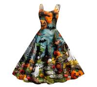 Robe d'Halloween pour femme - Longueur mollet - Robe vintage des années 60 - Bretelles spaghetti - Robe rockabilly avec grand ourlet - Robe de fête - Robe plissée - Robe de bal imprimée - Robe de
