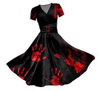 Robe d'halloween pour Femme Midi Longue avec Imprimé Sanglant Robe Tachée De Sanglants Imprimé Effrayant Swing Déguisement Halloween Robes Manches Courtes Décontracté et Chic Fête Grande Taille