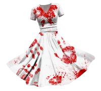 Robe d'halloween pour Femme Midi Longue avec Imprimé Sanglant Robe Tachée De Sanglants Imprimé Effrayant Swing Déguisement Halloween Robes Manches Courtes Décontracté et Chic Fête Grande Taille