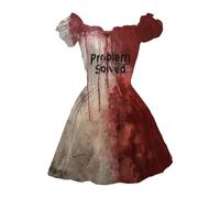 Robe d'Halloween pour femme | Problem Solved Robe imprimée Halloween à manches courtes bouffantes Robe patineuse taille haute froncée élégante A-Line Swing Sorcière Robe en dentelle, blanc, S