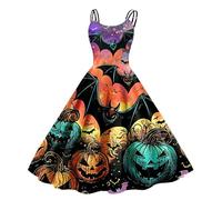 Robe d'Halloween vintage pour femmes, robe de fête à imprimé , sans manches, robe à col rond, bretelles spaghetti, robe courte trapèze, robe de fête trapèze grande taille, robe gothique,