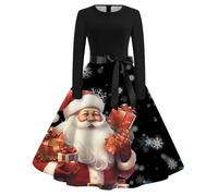 Robe d'hiver pour Femme, Robe de soirée de noël imprimée rétro pour Femmes, Manches Longues, col Rond, avec Grande Jupe trapèze (Purple, L)