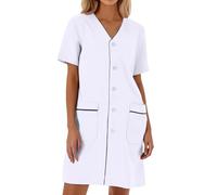 Robe d'infirmière pour femme - Manches courtes - Longueur genou - Uniforme de soins - Robe de travail - Coupe ajustée - Avec poches - Confortable - Couleur unie - Pour hôpital et clinique, O blanc., S