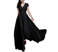 Robe d'invité de mariage, col en V, manches courtes, en mousseline de soie, robes maxi pour personnes âgées, Noir , 5XL