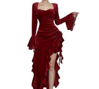 Robe d'invité de mariage en velours à manches longues élégante pour mariage Haute couture festive, rouge, Small