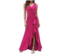 Robe d'invité de mariage pour femme - Robe de soirée élégante pour mariage - Robe longue de demoiselle d'honneur - Robe de bal avec fente - Robe maxi sexy avec volants - Robe de mariée - Col en V