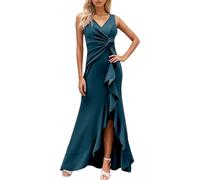 Robe d'invité de mariage pour femme - Robe de soirée élégante pour mariage - Robe longue de demoiselle d'honneur - Robe de bal avec fente - Robe maxi sexy avec volants - Robe de mariée - Col en V