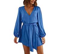Robe d'invitée de mariage pour femme, manches longues bouffantes en satin, col en V, robe formelle courte avec ceinture - Robe blanche pour femme, C, L