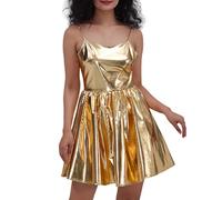Robe Disco Femme sans Manches- Robe Patineuse Cuir Verni Plissée Sexy à Bretelles Couleur Unie Coupe Slim Chic Et Élégants Classiques Décontracté Fluide pour Clubwear Party Mini Dress