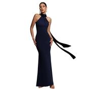 Robe dos nu en satin scuba et velours femme Goddiva Maxi Bleu 38
