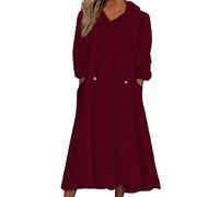Robe Droite Chic Femmes Tenue décontractée Solide en Peluche à Capuche Robe Ample Poche Pull Sweat Robe Chandails Robe Housse Hiver (Red, XXXXXL)