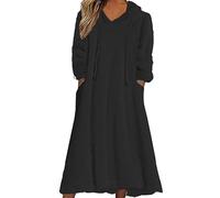 Robe Droite Chic Femmes Tenue décontractée Solide en Peluche à Capuche Robe Ample Poche Pull Sweat Robe Chandails Robe Housse Hiver (Black, L)