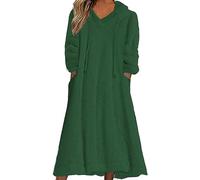 Robe Droite Chic Femmes Tenue décontractée Solide en Peluche à Capuche Robe Ample Poche Pull Sweat Robe Chandails Robe Housse Hiver (Green, L)